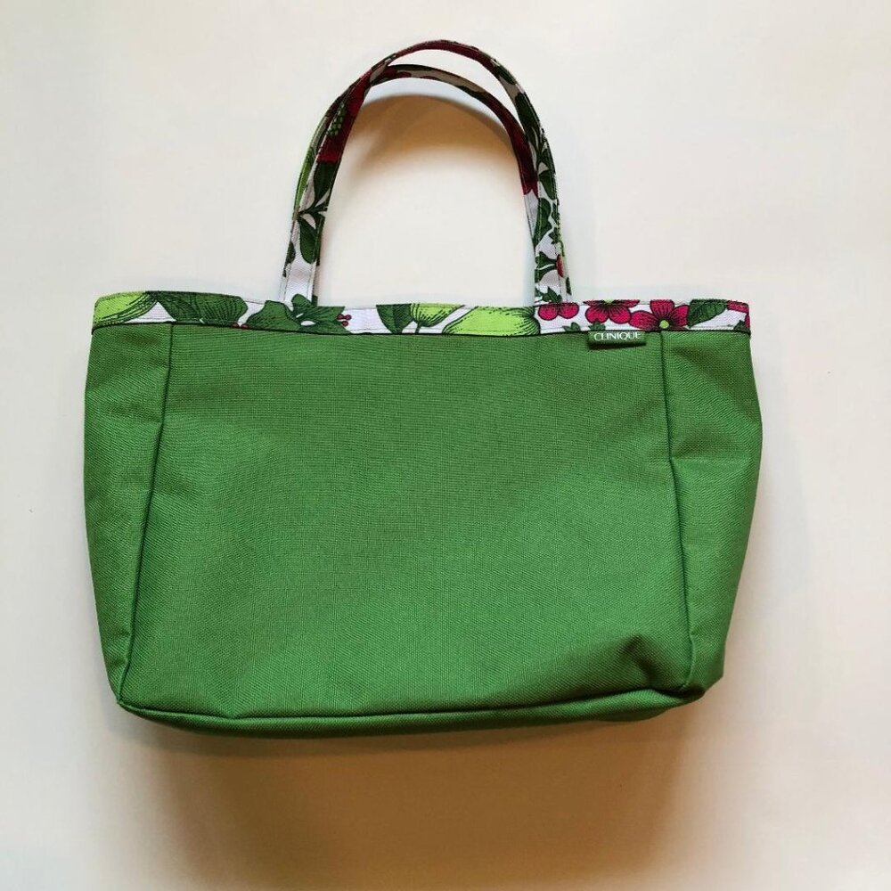Clinique Tote Bag, Green with Hot Pink floral trim, One Size-see measurements